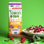 Earth's Own Original Oat Milk carton placed beside a plate of raspberry mint crepes